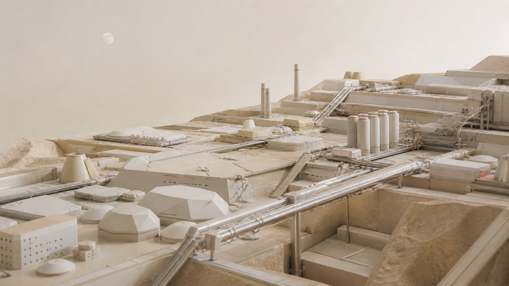 Abstract beige manufacturing plateau with process infrastructure and a pale moon