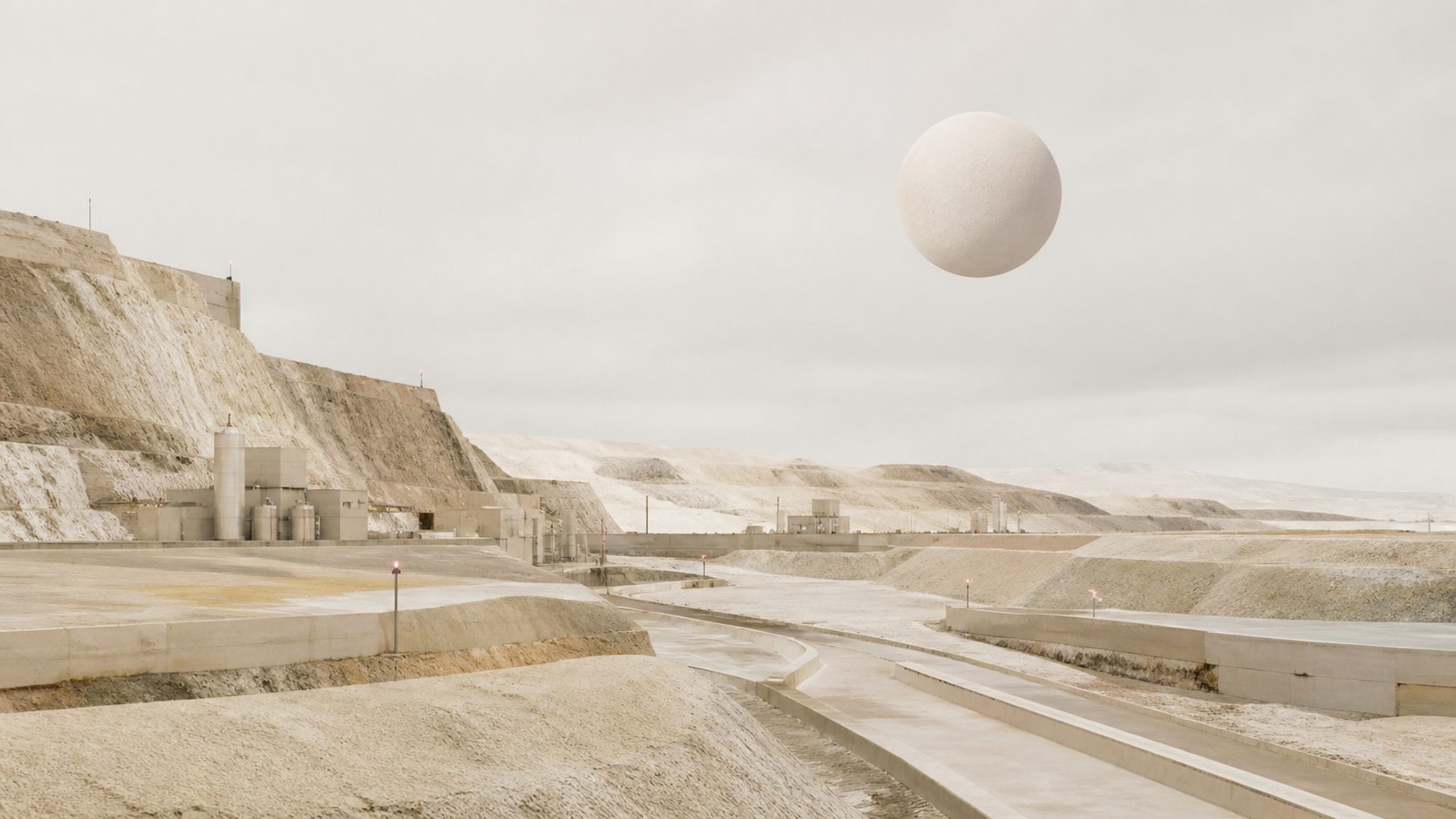 Pale mineral manufacturing terrain beneath a large beige moon